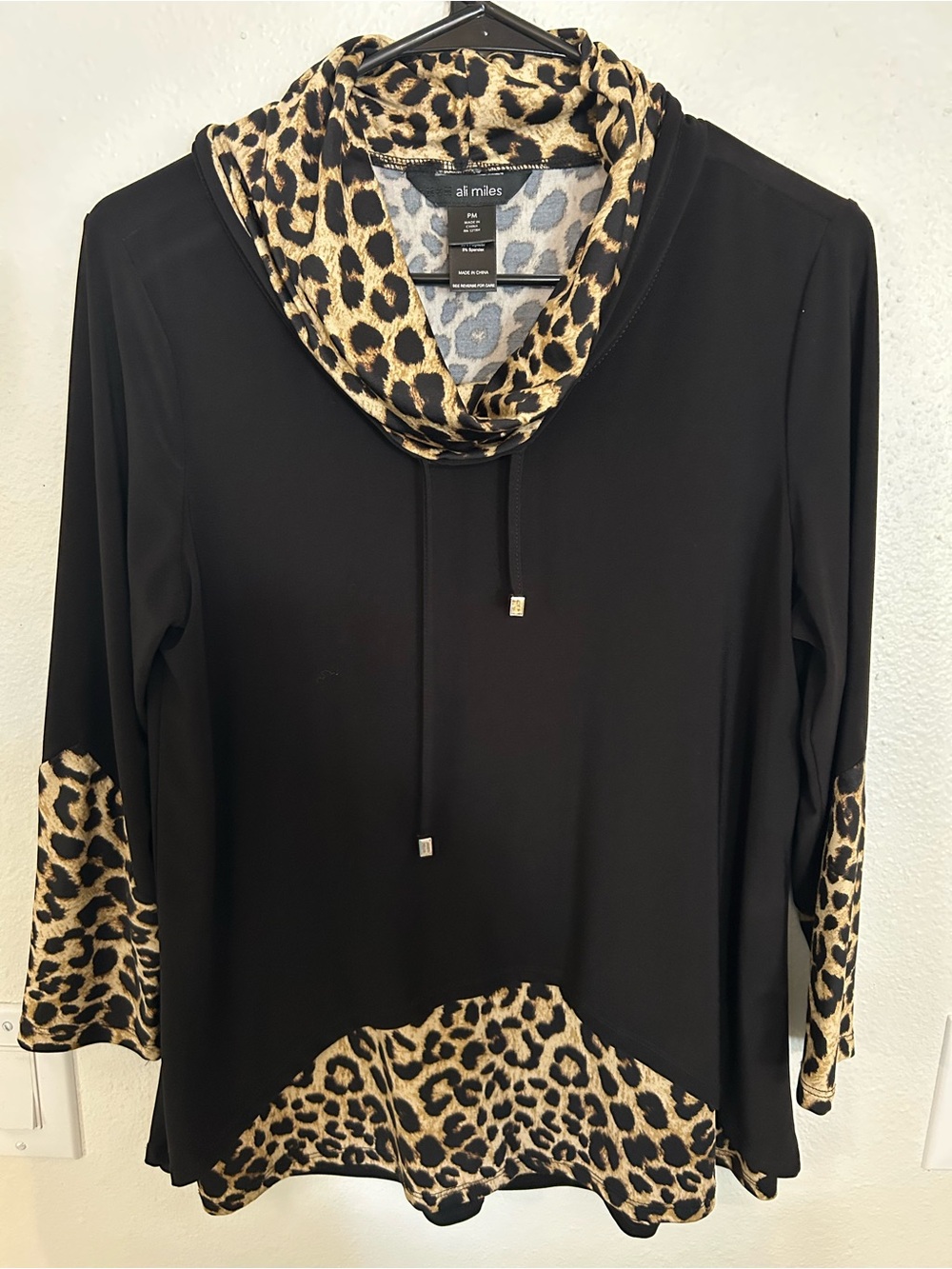 Ali Miles Black Pullover Hoodie with Leopard Trim
